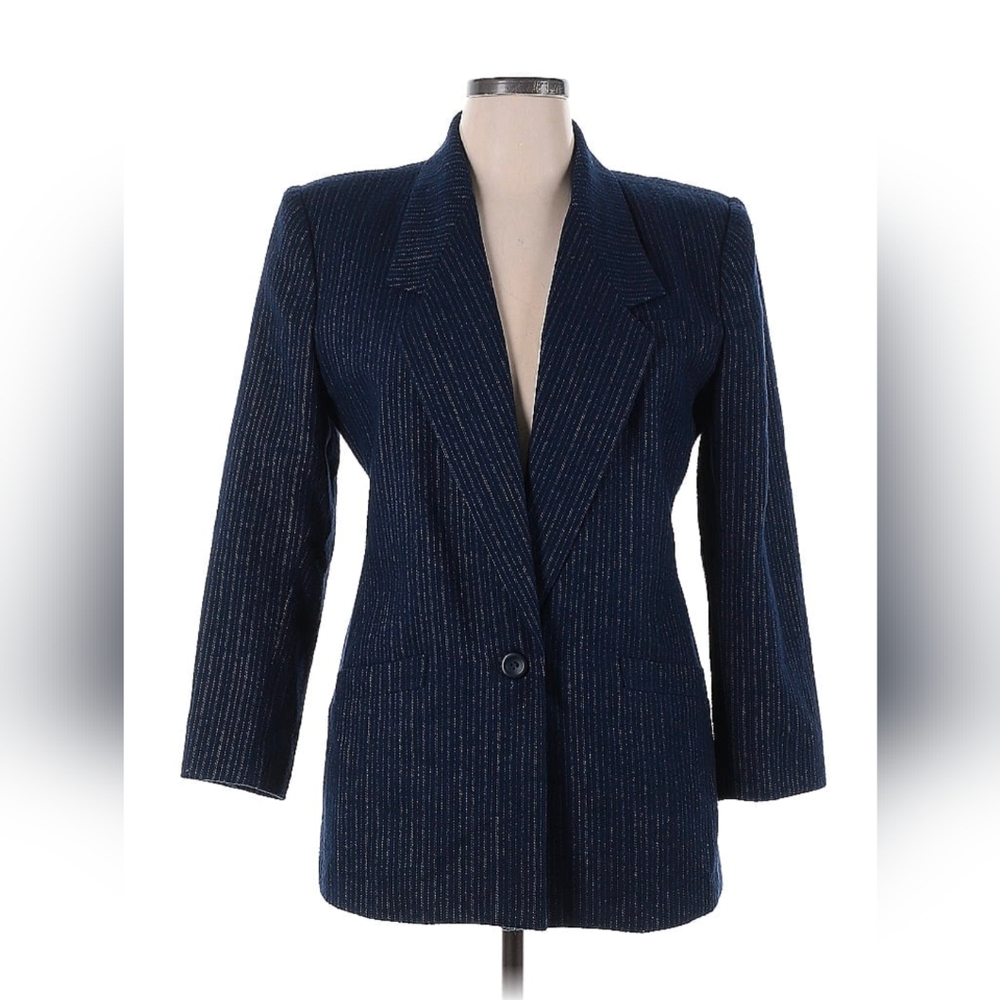 Navy Blue Pinstripe Blazer with Notched Lapels